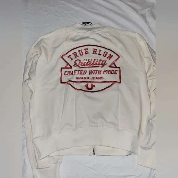 True Religion Cream Bomber Jacket with Red Accents - Picture 2 of 3